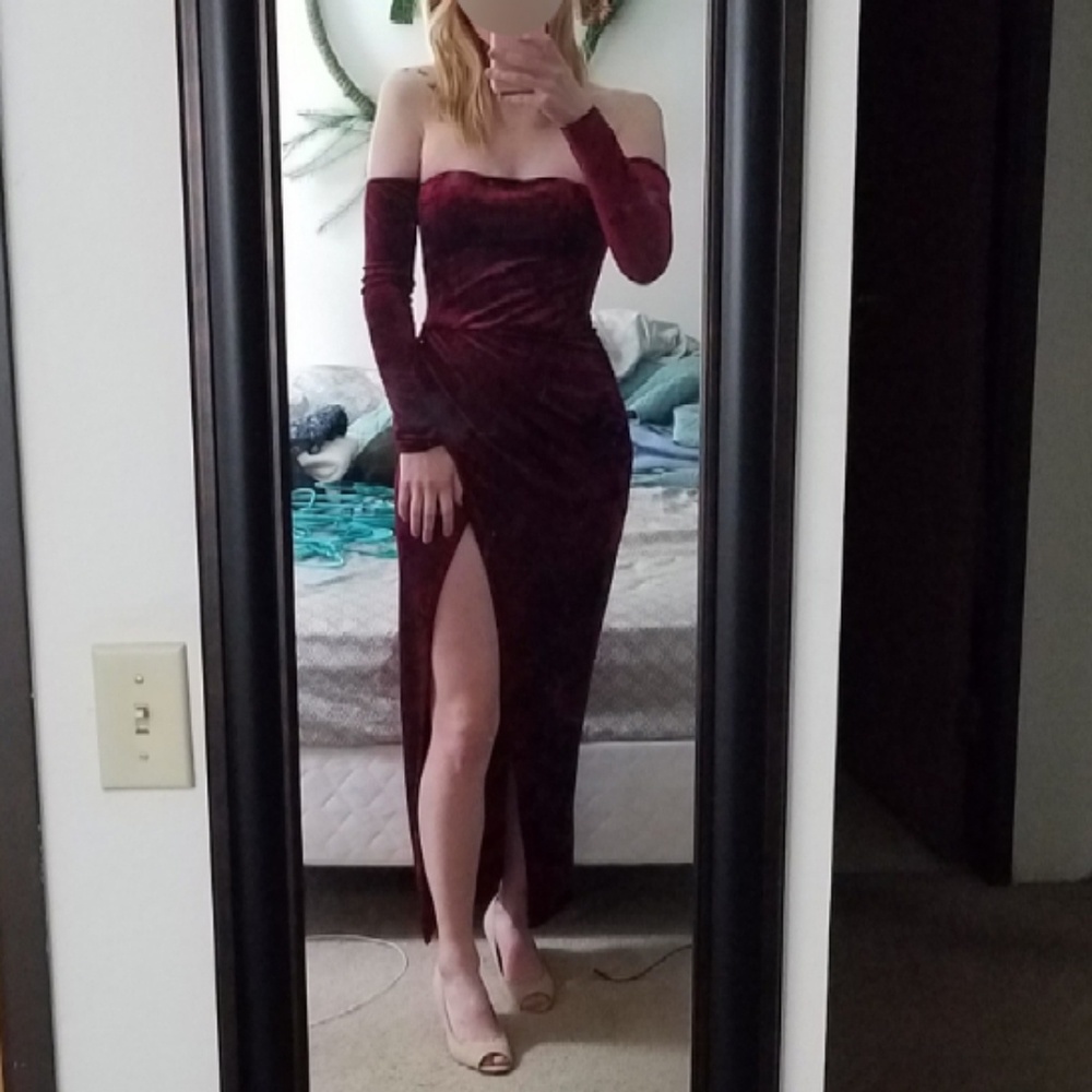 Dark red crushed velvet gown